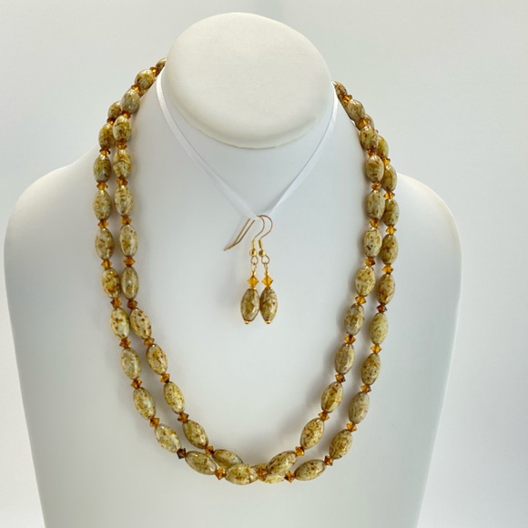 Artisan Jewelry - Vintage Glass & Crystal Bead Necklace and Earrings in Lion's Mane Colors
